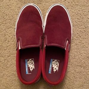 2 toned red and burgundy slip on vans